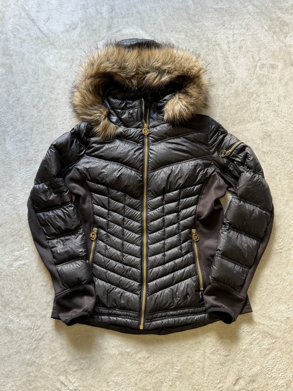 Michael Kors Black Quilted Puffer Jacket with Faux-Fur Trim